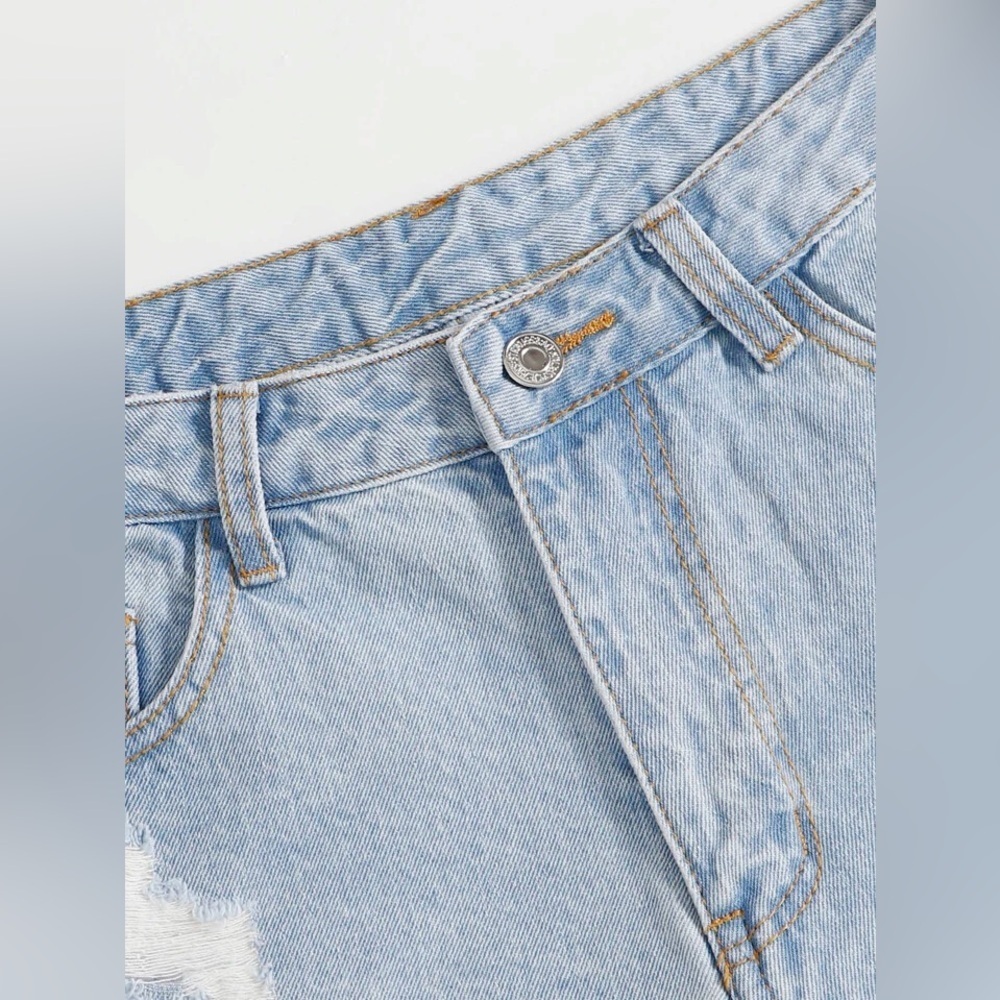 SHEIN | Blue Jean Shorts Distressed Frayed Hem Mid Rise - Picture 3 of 11